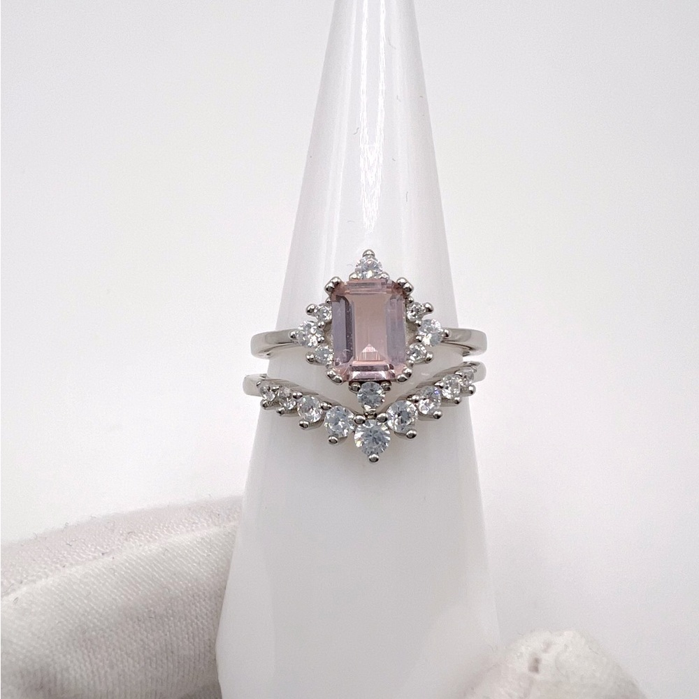 .925 Sterling Silver Light Morganite Cz & Clear Cz 2 PC Ring Set - Picture 17 of 17